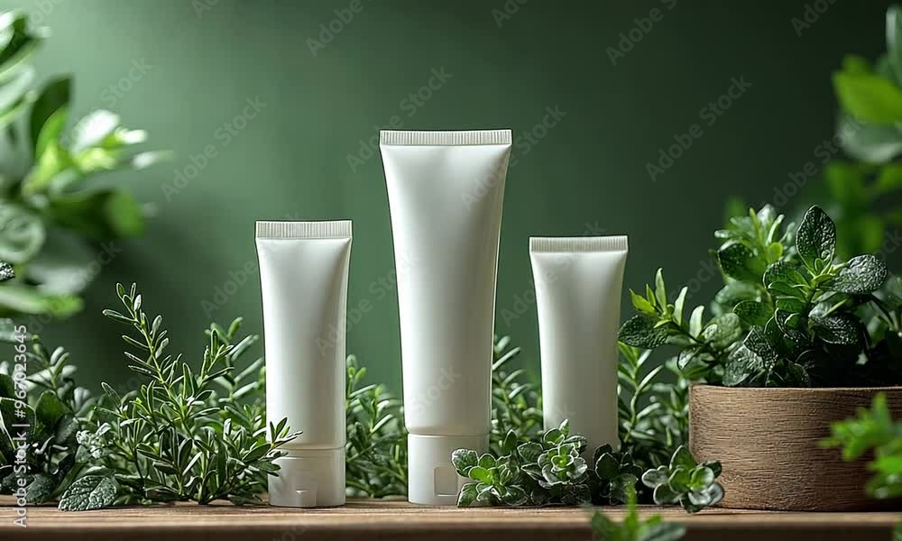 Natural Beauty Products on Green Background Natural Beauty Products on Green Background