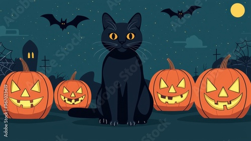 Halloween Night with Black Cat and Jack O Lanterns