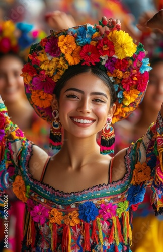 Young Mexican women dancing in traditional colorful costumes adorned with flowers, smiling joyfully outdoors