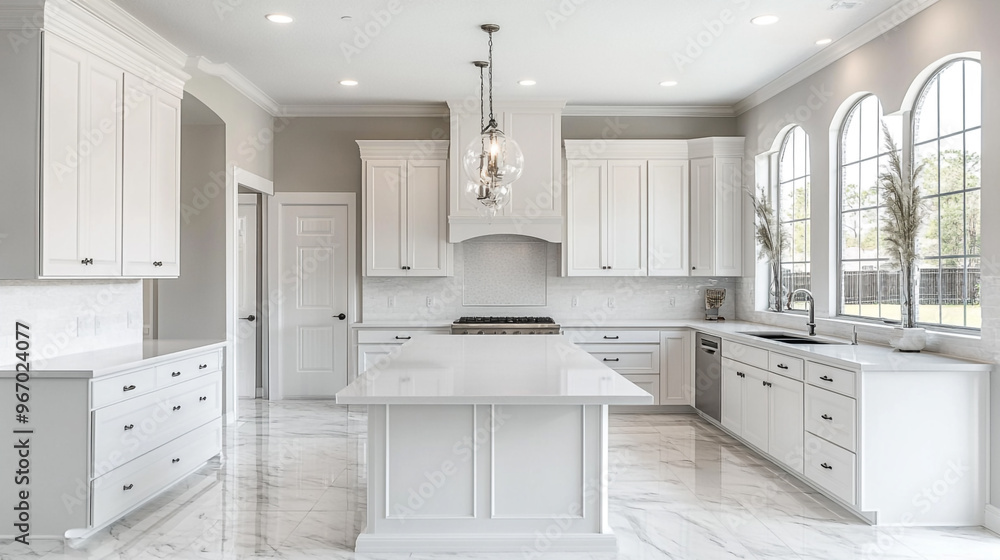 All-white kitchen, estate home, smooth countertops, open layout. All-white kitchen, estate home, smooth countertops, open layout.