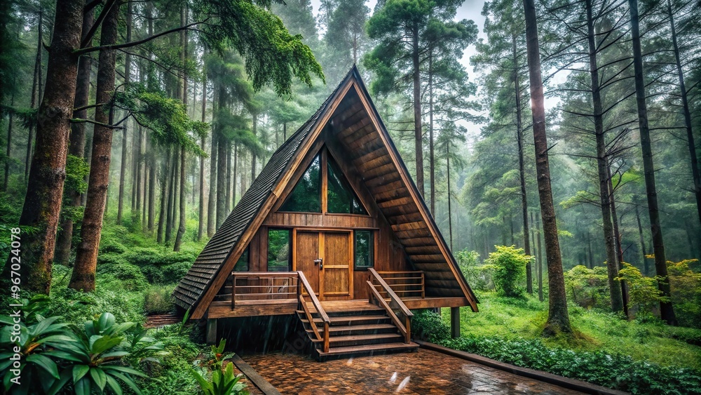 Triangular wooden house in forest during rainy season Triangular wooden house in forest during rainy season