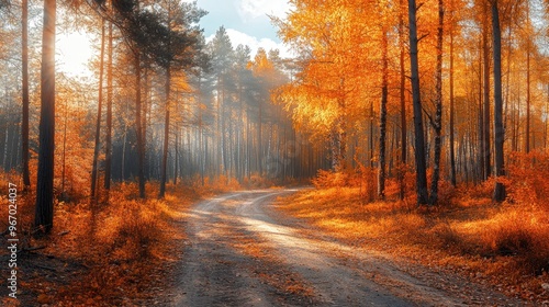 Winding dirt road leading through forest in autumn