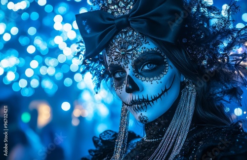 Skull like face, black bow, silver tassels, glittery hair, blue lights backdrop, diamonds sparkling photo