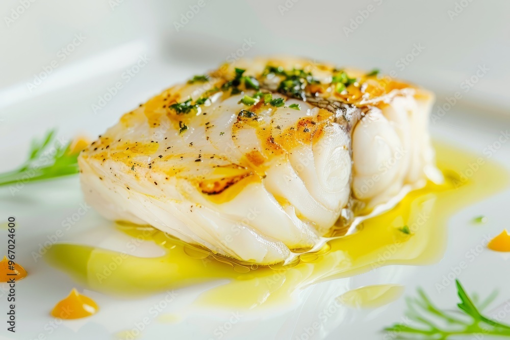 Grilled cod fillet in olive oil with herbs, served on a white plate, gourmet cuisine. Grilled cod fillet in olive oil with herbs, served on a white plate, gourmet cuisine.