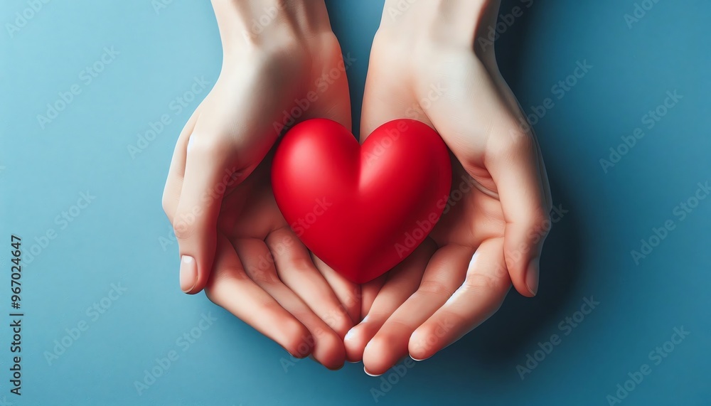 Hands Holding a Red Heart Against Blue Background Hands Holding a Red Heart Against Blue Background