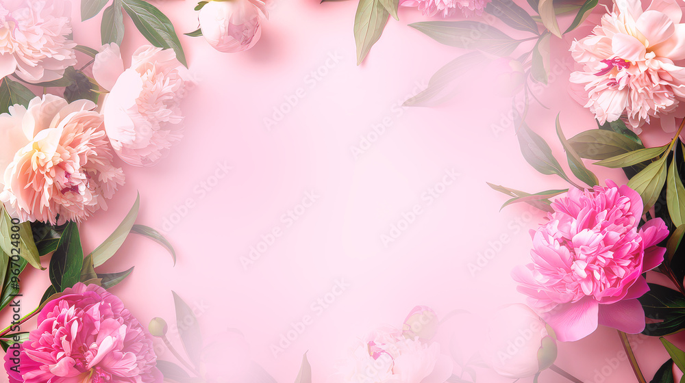 Frame made of of peony flowers with copy space for text on pink background. Flat lay, top view. Frame made of of peony flowers with copy space for text on pink background. Flat lay, top view.