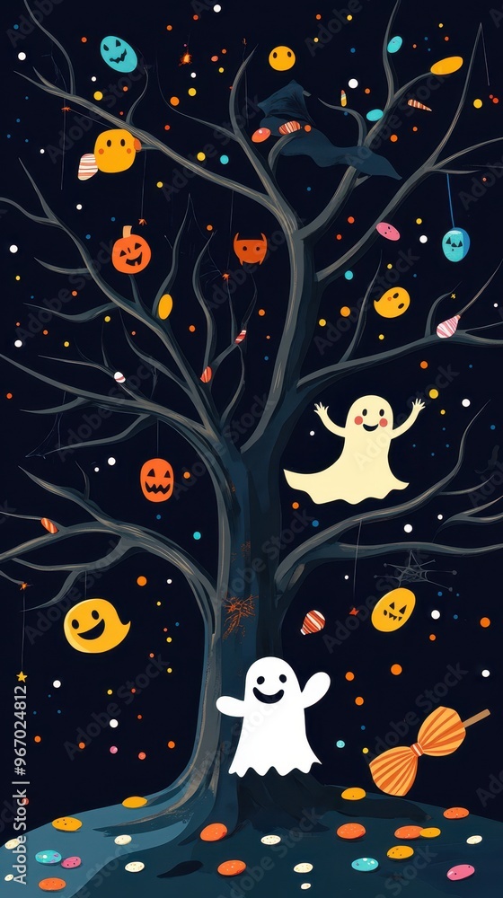 A delightful spooky tree features playful ghosts, festive ornaments, and vibrant colors against a night sky, celebrating Halloween joyfully A delightful spooky tree features playful ghosts, festive ornaments, and vibrant colors against a night sky, celebrating Halloween joyfully
