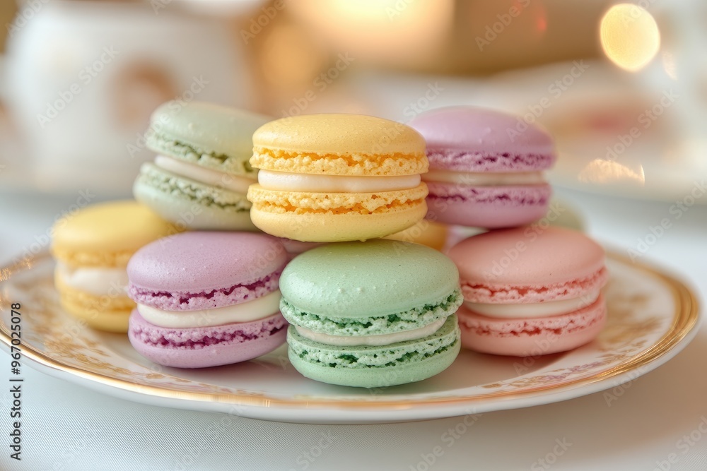 Colorful macarons sitting on a plate with teacups in background Colorful macarons sitting on a plate with teacups in background