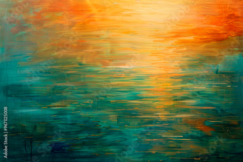 Abstract sunset over water with vibrant orange and turquoise reflections.