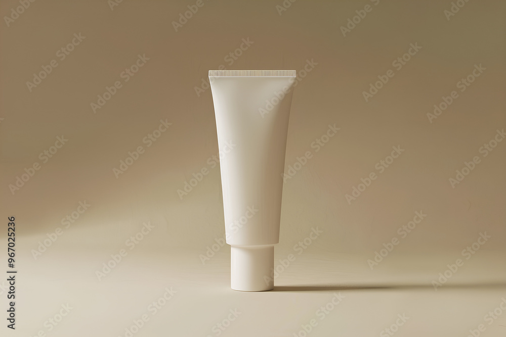 A white tube of toothpaste is sitting on a tan surface A white tube of toothpaste is sitting on a tan surface
