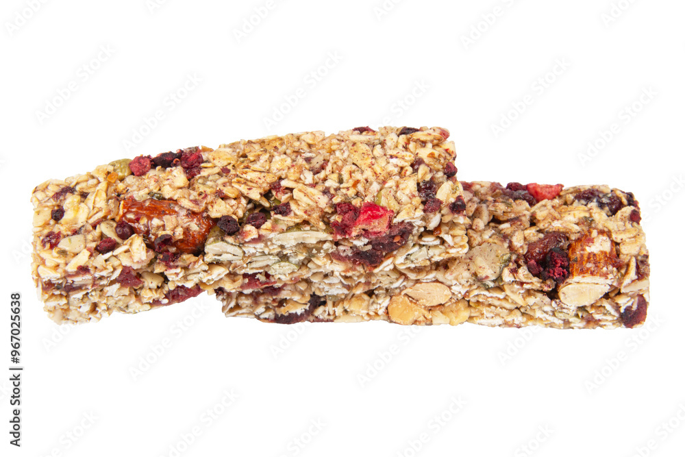 Granola bar cereal superfood energy nuts with berries isolated on white background Granola bar cereal superfood energy nuts with berries isolated on white background