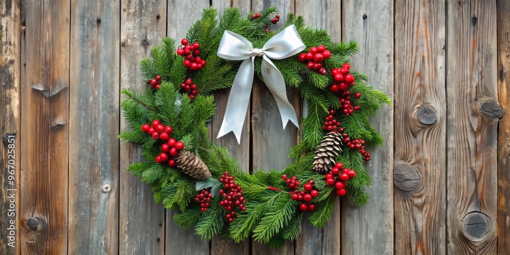 Fresh green pines surround a vibrant red berry cluster, tied neatly with a creamy white ribbon, resting charmingly Fresh green pines surround a vibrant red berry cluster, tied neatly with a creamy white ribbon, resting charmingly