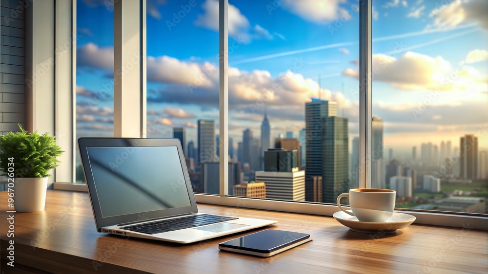 Laptop and smartphone on wooden desk with city skyline view Laptop and smartphone on wooden desk with city skyline view