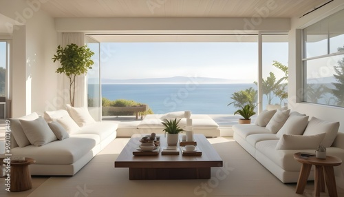 A modern, minimalist living room with large windows overlooking a scenic ocean view. The room features white sofas, a wooden coffee table, and potted plants.