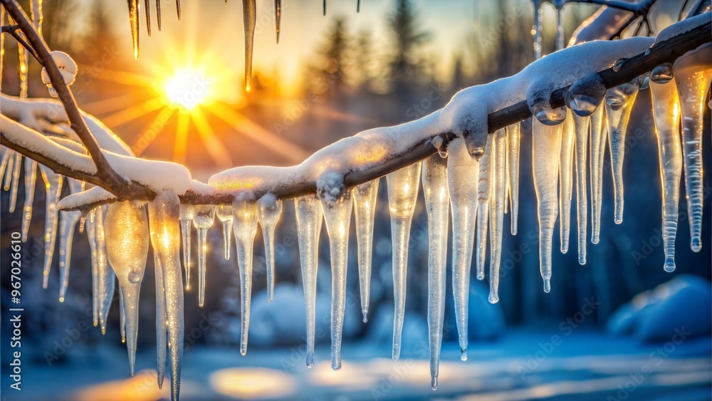 Icicles on tree branches in winter sunset, natural frozen landscape Icicles on tree branches in winter sunset, natural frozen landscape