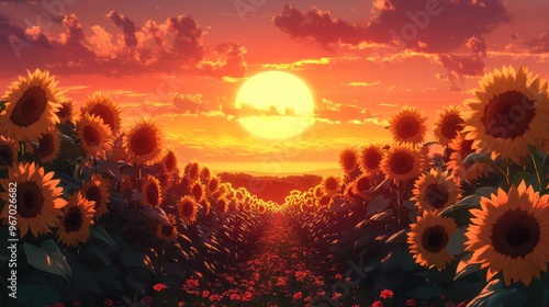 Rows of towering sunflowers facing the rising sun, illuminated by its golden rays, set against a serene anime-style sunrise with an orange-pink sky photo