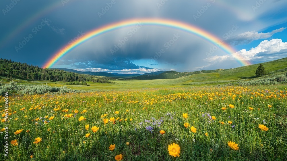 Double rainbow appearing over field of yellow wildflowers Double rainbow appearing over field of yellow wildflowers