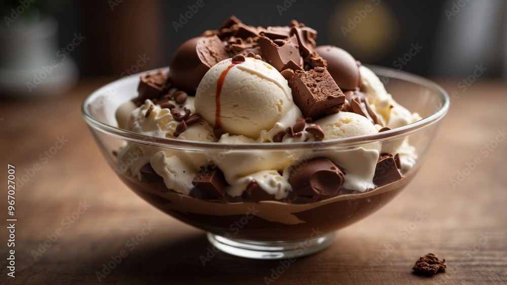 Decadent Chocolate and Cream Ice Cream Sundae in Glass Bowl Tempting Dessert Concept with Copy Space. Decadent Chocolate and Cream Ice Cream Sundae in Glass Bowl Tempting Dessert Concept with Copy Space.