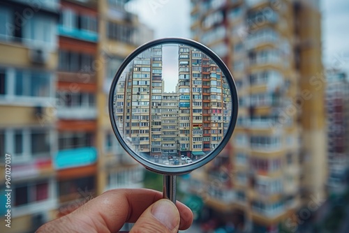 Real estate agent searching for property using magnifying glass