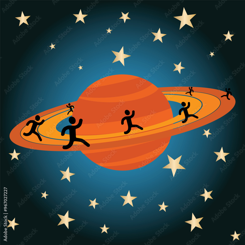 Silhouettes of seven persons running on planet Saturn rings Silhouettes of seven persons running on planet Saturn rings