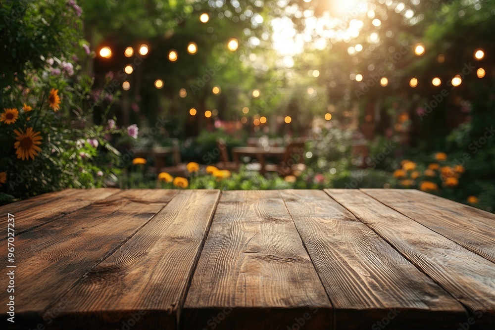 Empty wooden table showing outdoor restaurant in the background with string lights Empty wooden table showing outdoor restaurant in the background with string lights