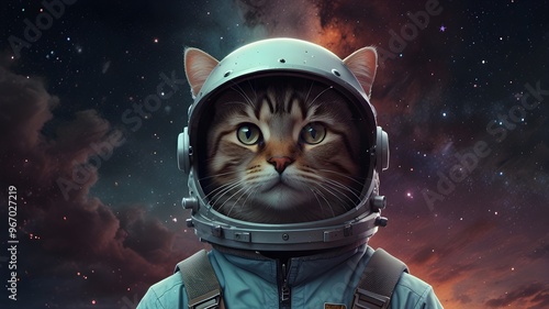 A cartoonish cat astronaut, floating gracefully through a pastel-colored galaxy, with a touch of spookiness in the form of a ghostly moon and eerie textures. This visually stunning artwork is sure to 