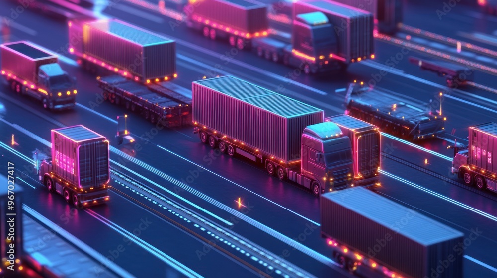 Semi-Trucks Transporting Cargo on a Neon-Lit Highway Semi-Trucks Transporting Cargo on a Neon-Lit Highway