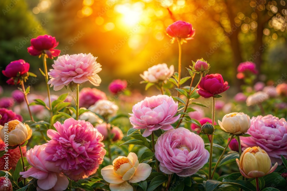 Obraz premium Sunlit peony garden in full bloom during golden hour