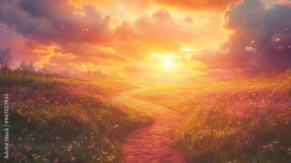 Obraz premium A dirt pathway meandering through a sun-drenched meadow, with the sky ablaze in warm orange and pink as the sun sets behind the horizon