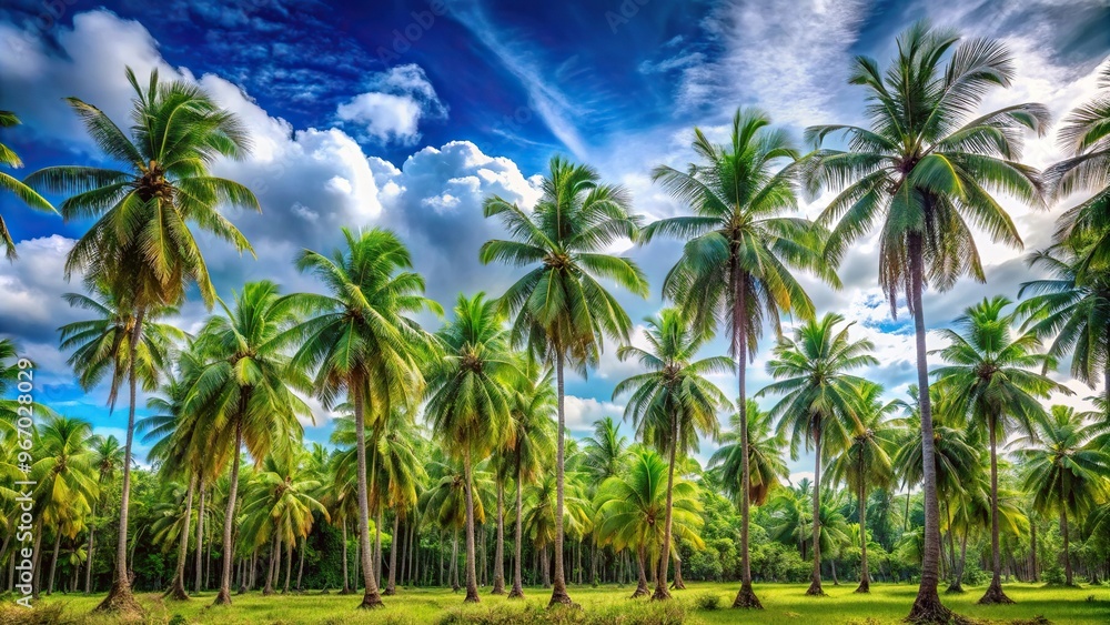 Obraz premium Tropical palm trees forest under the blue sky with white clouds Panoramic