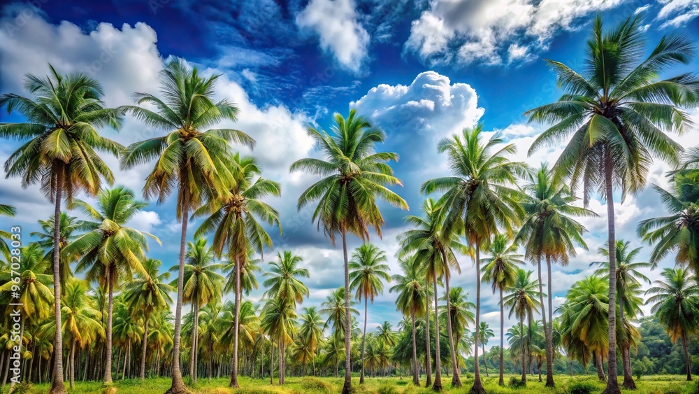 Obraz premium Tropical palm trees forest under blue sky with white clouds