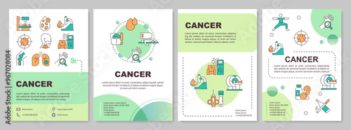 Cancer green circle brochure template. Symptoms and treatment. Leaflet design with linear icons. Editable 4 vector layouts for presentation, annual reports. Arial-Black, Myriad Pro-Regular fonts used