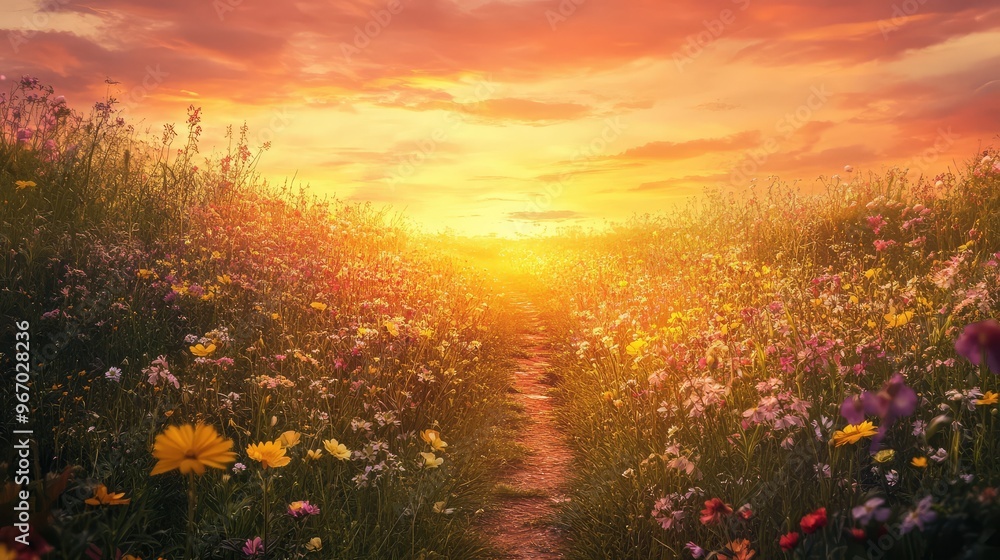 A pathway through a field of flowers at sunset, with the sky painted in hues of orange and pink, and a calm, peaceful atmosphere surrounding the scene A pathway through a field of flowers at sunset, with the sky painted in hues of orange and pink, and a calm, peaceful atmosphere surrounding the scene