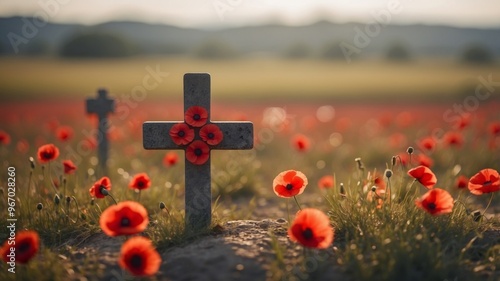 Cross Memorial on Battlefield with Poppies Symbolizing Sacrifice and Remembrance. photo