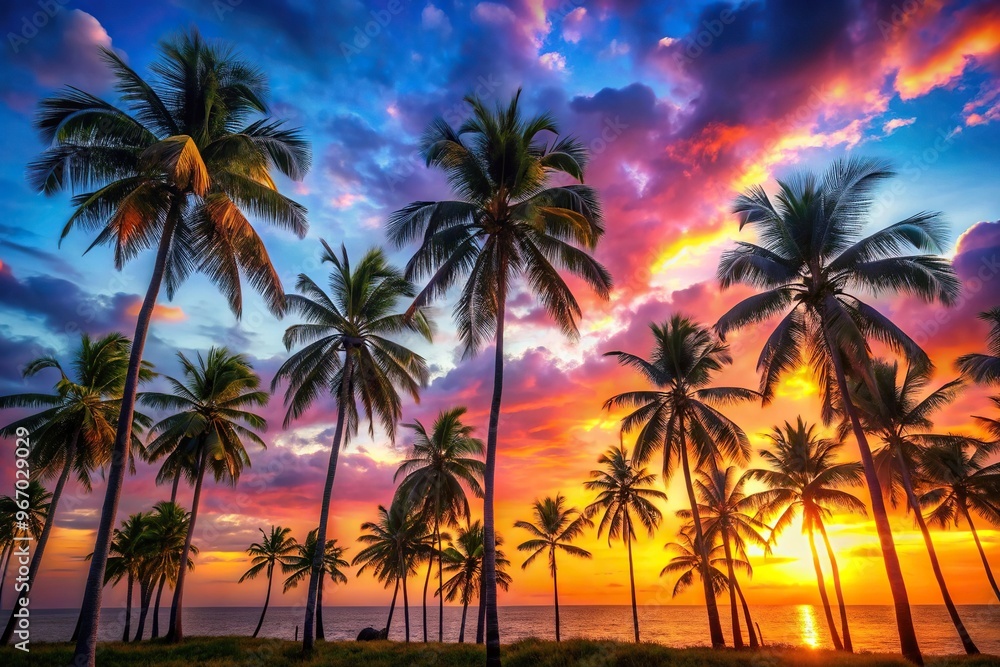 Tropical sunset landscape with palm trees from a low angle view Tropical sunset landscape with palm trees from a low angle view