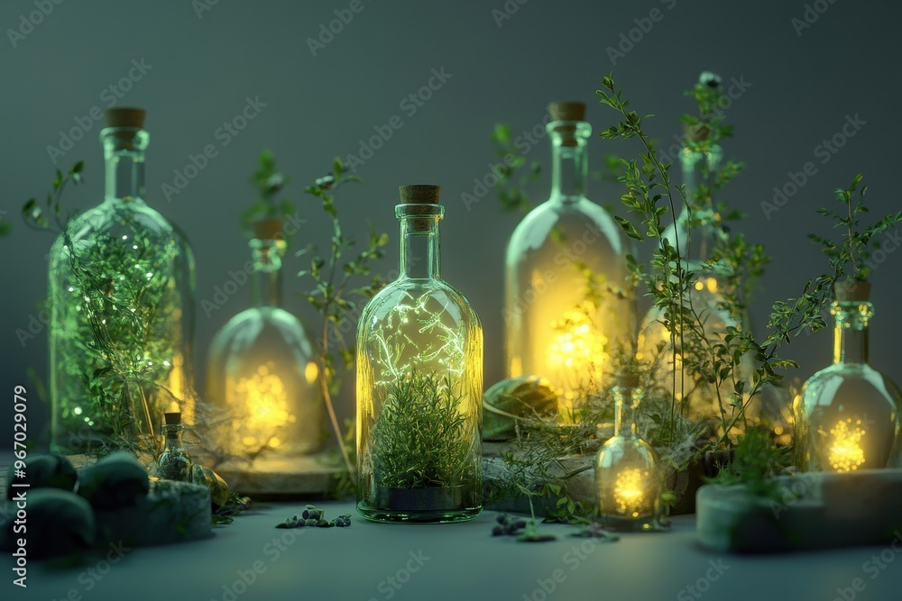 A collection of glass vases with candles inside, some of which are green A collection of glass vases with candles inside, some of which are green