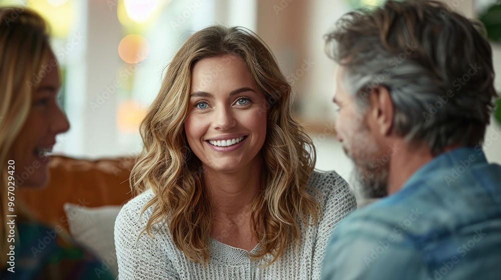 A Caucasian couple sitting on the couch and talking with therapist. A Caucasian couple sitting on the couch and talking with therapist.