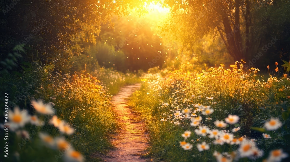 A tranquil pathway winding through blooming meadows at sunset, with golden light illuminating the flowers and casting soft shadows along the path