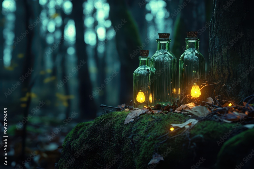 glass jars with glowing lights inside are placed on a mossy rock glass jars with glowing lights inside are placed on a mossy rock