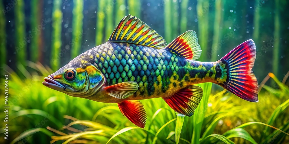 In the quiet, serene waters, a vibrant fish glides effortlessly, surrounded by vibrant green aquatic plants, its scales In the quiet, serene waters, a vibrant fish glides effortlessly, surrounded by vibrant green aquatic plants, its scales