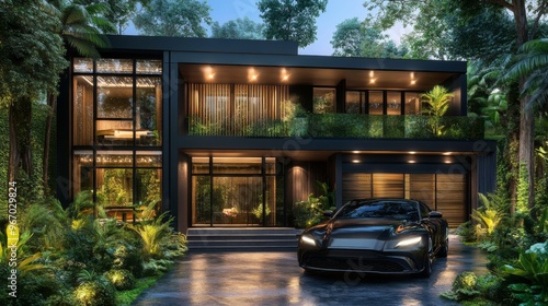 Modern Black House with Luxury Car and Tropical Garden at Night