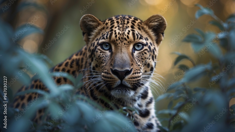 Fototapeta premium Leopard peering through exotic blue foliage.