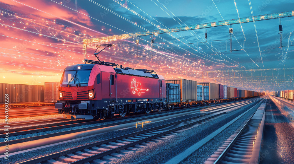 Naklejka premium Online delivery logistics service, with mobile rail transportation, global logistics, and cargo trains