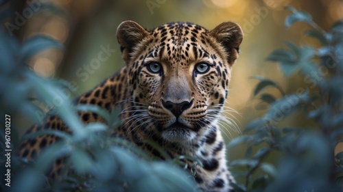 Leopard peering through exotic blue foliage.