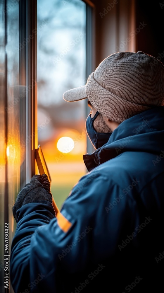 Masked figure prying open window with crowbar. Masked figure prying open window with crowbar.