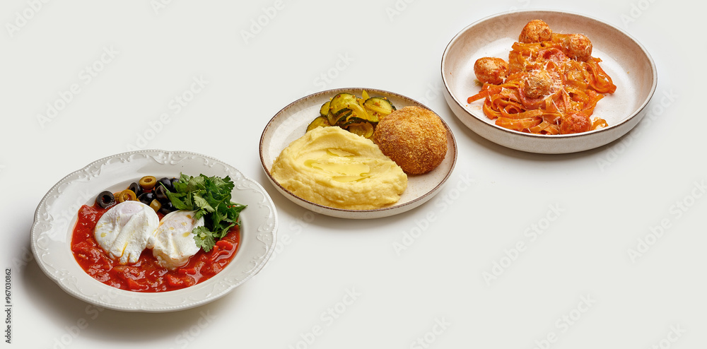 A variety of delicious and appetizing dishes are presented on a white background. The dishes include bowl of pasta, creamy potato puree, and a poached egg with tomatoes A variety of delicious and appetizing dishes are presented on a white background. The dishes include bowl of pasta, creamy potato puree, and a poached egg with tomatoes