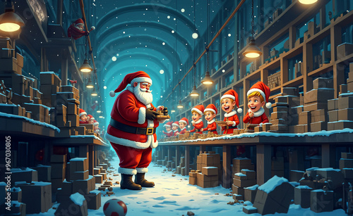 Santa tinkers joyfully in his North Pole workshop, building toys amidst colorful, festive tools and magical holiday cheer.