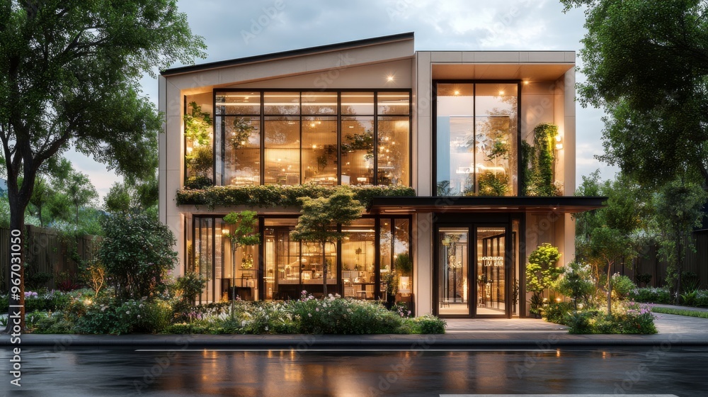 Modern Architecture House with Large Windows and Green Plants Modern Architecture House with Large Windows and Green Plants