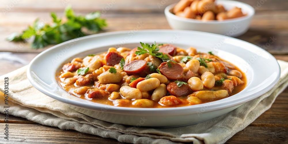Typical Portuguese dish dobrada with beans in white dish Typical Portuguese dish dobrada with beans in white dish