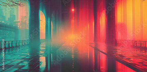 Gradient Roller wave Glitch: Futuristic Cityscape with Neon Lights and Reflections